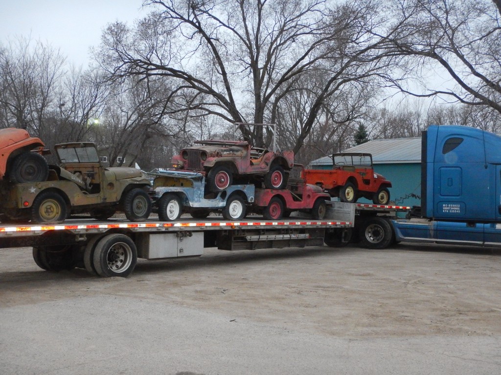 11 M38A1 jeeps arrived.  This load was waiting for me when I arrived at work this morning.  West country vehicles are so nice because of the lack of rust.  Glad to have them!